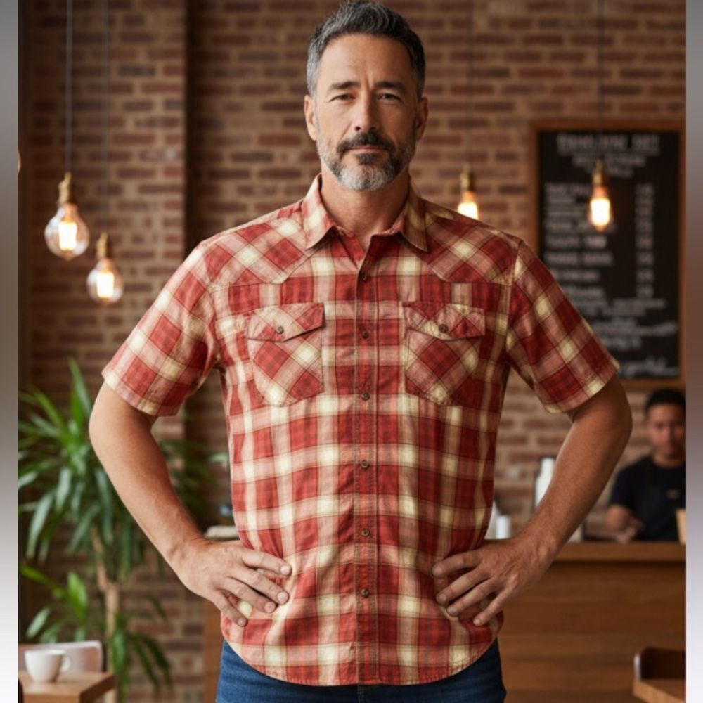 PRANA, short sleeve button down with single breast pocket, men’s XL, slim fit
